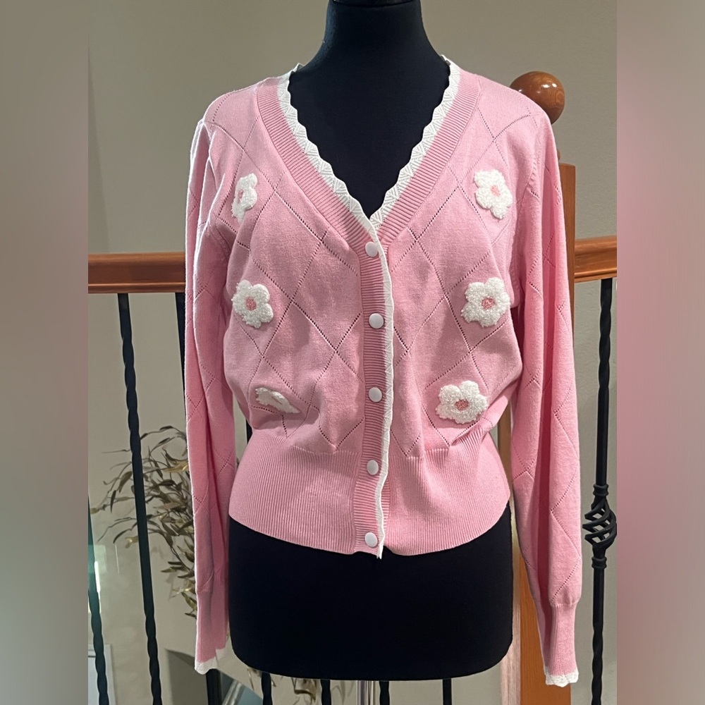 BELLE POQUE Pink Floral Appliqué Button-Up Cardigan WOMEN SIZE L